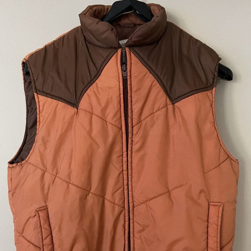 Vintage Copper Mountain Puffer Vest Western Style Lg 70’s Orange & Brown Cowboy